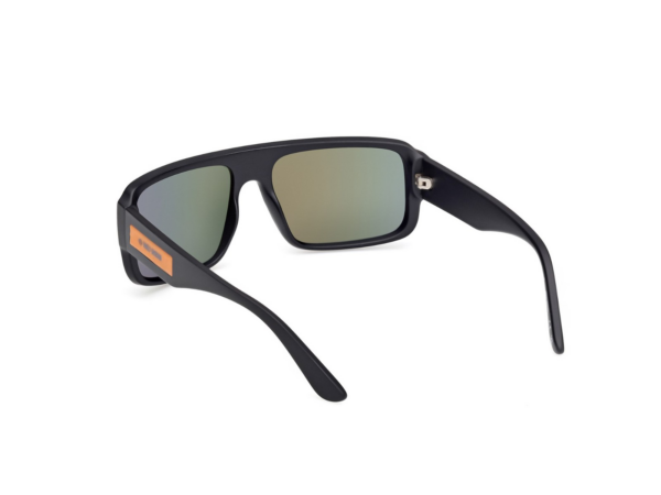 Hm00013-02c D | Harley-davidson® Online Black rectangular sunglasses with mirrored lenses and orange accent on the temple, shown in a side-angle product shot