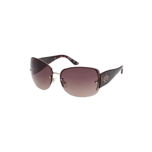 Sunglasses with oversized square brown gradient lenses and dark tortoiseshell arms, featuring a metal nose bridge and logo on the temple area.