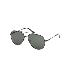 A pair of black aviator sunglasses with dark lenses and a metal frame, angled for display against a black background.