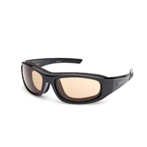 Black wraparound sunglasses with brown lenses on a white background, product photo showing frame and arms clearly.
