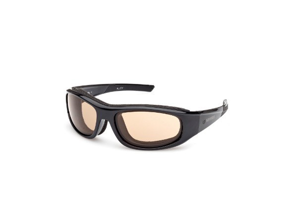 Hz0001-01e | Harley-davidson® Online Black wraparound sunglasses with brown lenses on a white background, product photo showing frame and arms clearly.