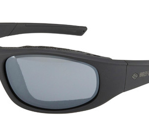 Black wraparound sunglasses with gray lenses and Harley-Davidson logo on the temple.