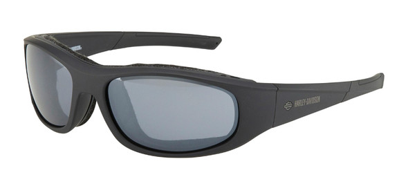 Black wraparound sunglasses with gray lenses and Harley-Davidson logo on the temple.