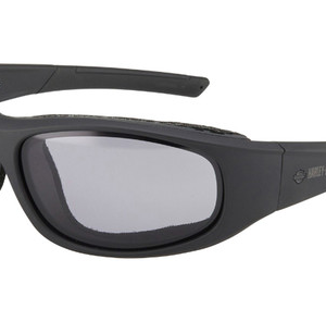 Black wraparound sports sunglasses with gray lenses and a curved frame.