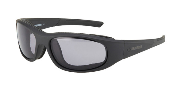 Black wraparound sports sunglasses with gray lenses and a curved frame.
