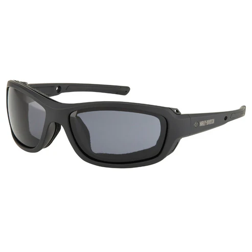 Hz0002-a02 | Harley-davidson® Online Black wraparound sunglasses with dark gray lenses and a slim matte black frame, logo on the temple.