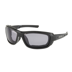 Black wraparound sunglasses with gray tinted lenses, athletic style for outdoor use from a side view