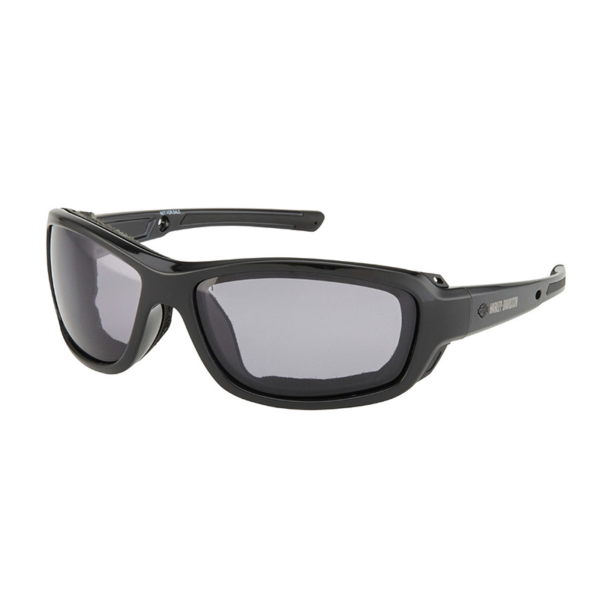 Hz0002-d01 | Harley-davidson® Online Black wraparound sunglasses with gray tinted lenses, athletic style for outdoor use from a side view