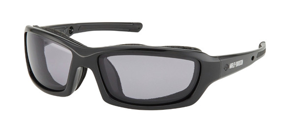 Black wraparound sunglasses with dark gray lenses.