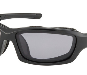 Black wraparound sunglasses with dark gray lenses.