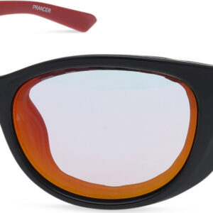 Black wraparound sunglasses with orange mirrored lenses and Harley‑Davidson logo on the temple
