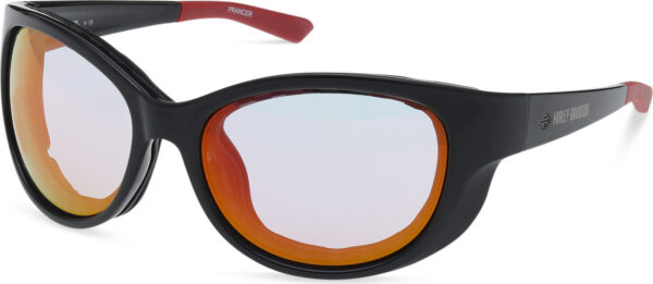 Hz0004-20c | Harley-davidson® Online Black wraparound sunglasses with orange mirrored lenses and Harley‑Davidson logo on the temple