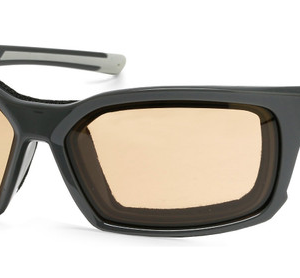 Black wraparound sunglasses with amber-tinted lenses