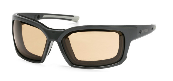 Black wraparound sunglasses with amber-tinted lenses