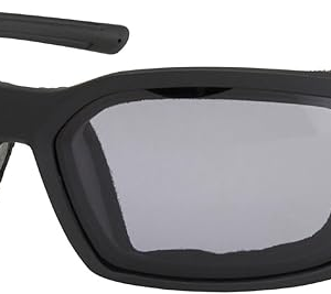 Black wraparound sunglasses with rectangular gray lenses.