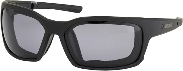 Black wraparound sunglasses with rectangular gray lenses.