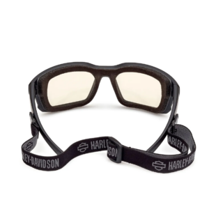 Black Harley-Davidson protective goggles with foam padding and an elastic strap reading Harley-Davidson on the band