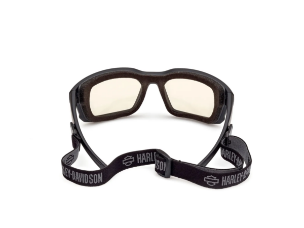 Black Harley-Davidson protective goggles with foam padding and an elastic strap reading Harley-Davidson on the band