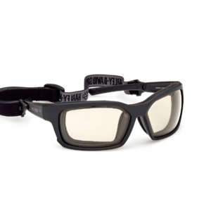 Black protective safety goggles with adjustable elastic strap and light beige lenses.