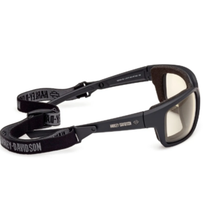 Black Harley-Davidson protective goggles with foam padding and an adjustable strap on a white background.