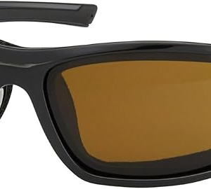 Black wraparound sport sunglasses with amber/brown lenses, shown front-facing.