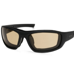 Black wraparound sunglasses with brown/tan lenses, shown from a slight angle.