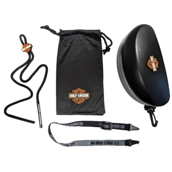 Harley-Davidson branded lock-and-strap kit with a black drawstring pouch and two straps.