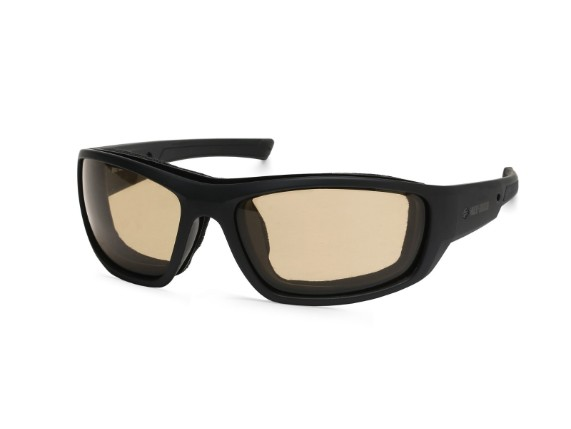 Black wraparound sunglasses with brown/tan lenses, shown from a slight angle.