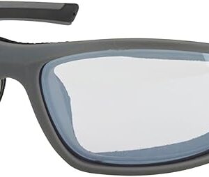 Gray wraparound safety glasses with blue-tinted lenses