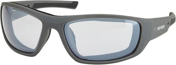 Gray wraparound safety glasses with blue-tinted lenses