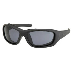 Gray wraparound sunglasses with dark lenses on a white background.