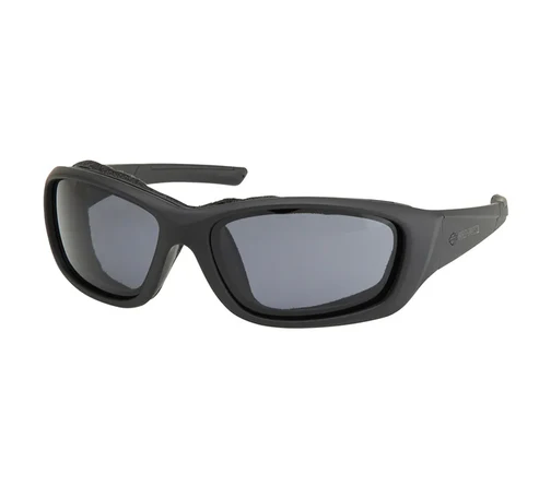 Gray wraparound sunglasses with dark lenses on a white background.