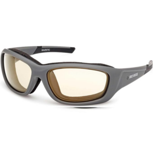 Gray wraparound sunglasses with amber lenses and Majestic branding on the temple store.