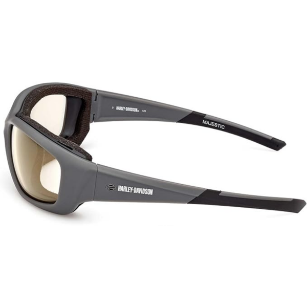 Hz0006-x20 B | Harley-davidson® Online Gray Harley-Davidson Majestic sunglasses with beige lenses, side view showing logo on temple shiftwork style wraparound frame
