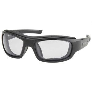 Grey safety goggles with clear lenses, designed to protect eyes during work or sports.