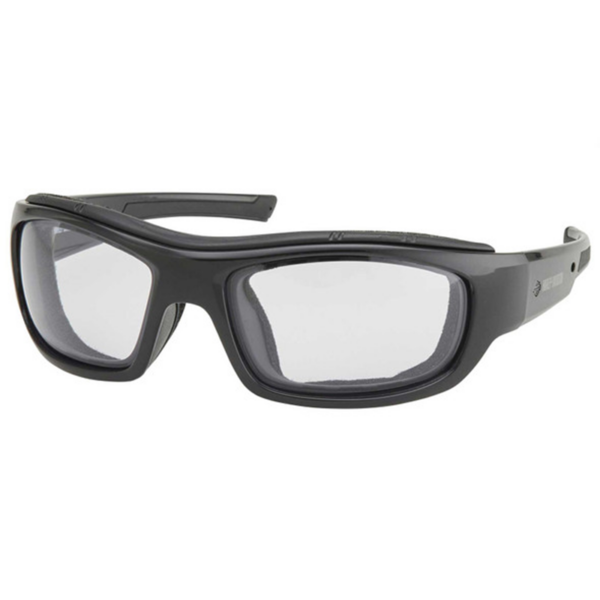 Grey safety goggles with clear lenses, designed to protect eyes during work or sports.