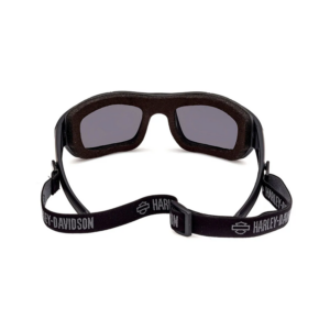 Black wraparound sunglasses with dark lenses and a padded foam frame, secured by a black Harley-Davidson elastic strap.