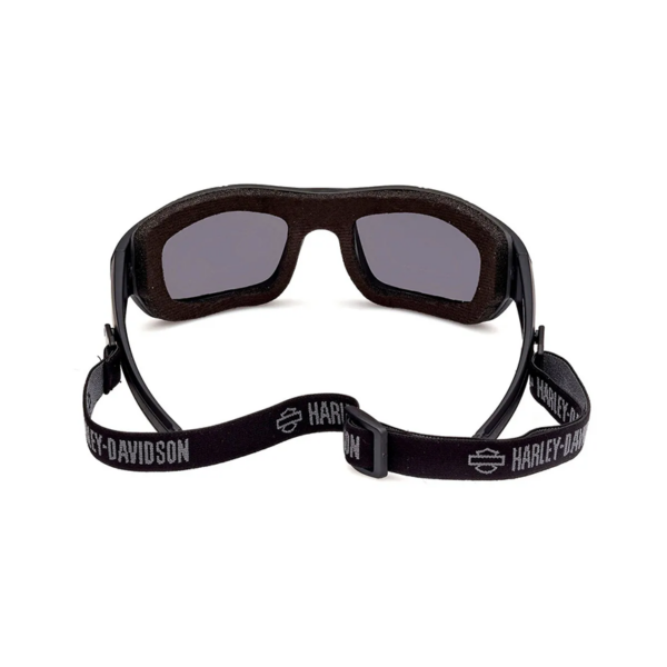 Hz0007-c02 B | Harley-davidson® Online Black wraparound sunglasses with dark lenses and a padded foam frame, secured by a black Harley-Davidson elastic strap.