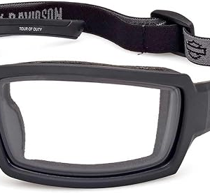 Black wraparound safety glasses with a padded frame and adjustable elastic strap used for eye protection in sports or work settings.