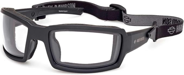 Black wraparound safety glasses with a padded frame and adjustable elastic strap used for eye protection in sports or work settings.