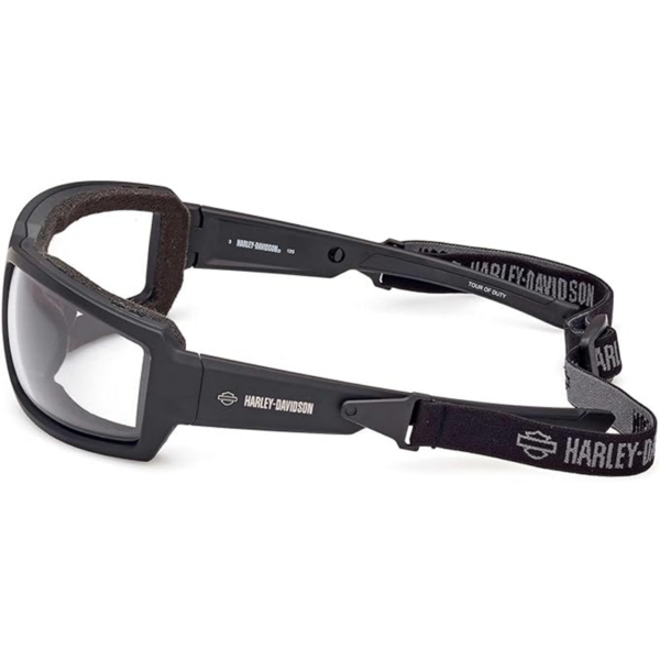 Protective moto goggles with Harley-Davidson branding and adjustable strap.