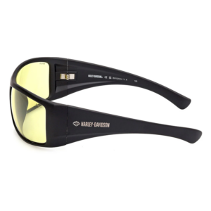 Harley-Davidson black wraparound sunglasses with yellow lenses and logo on temple