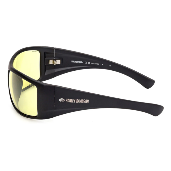 Harley-Davidson black wraparound sunglasses with yellow lenses and logo on temple