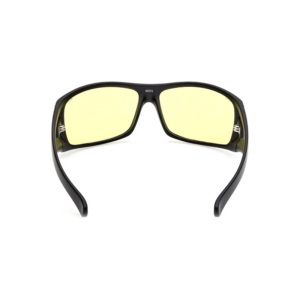 Black-framed sunglasses with yellow-tinted lenses, product photo. Used for eye protection and style.