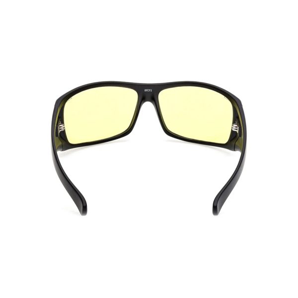 Black-framed sunglasses with yellow-tinted lenses, product photo. Used for eye protection and style.