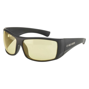 Harley-Davidson black wraparound sunglasses with yellow lenses and logo on arm on white background
