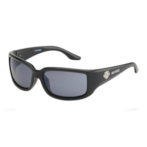 Black Harley-Davidson sunglasses with gray lenses and a matte black frame, logo on the temple.