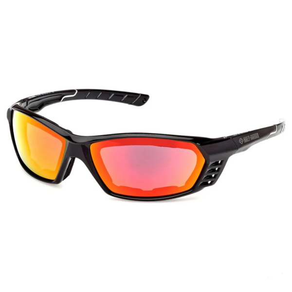 Hz0019-01a | Harley-davidson® Online Sport sunglasses with black frame and orange mirrored lenses; Harley-Davidson branding on temple.
