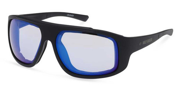 Black frame sunglasses with blue mirrored lenses on a white background (sporty wraparound style)