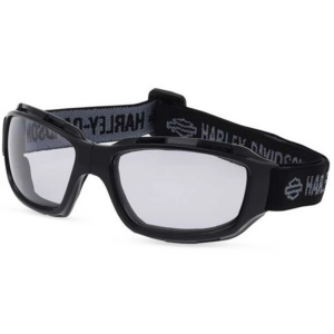 Black wraparound protective sports goggles with clear lenses and an adjustable elastic strap.